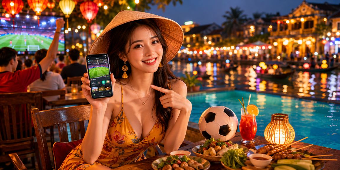 Người dùng tại Hội An xem kèo bóng đá và đặt cược qua ứng dụng di động bên ly cà phê